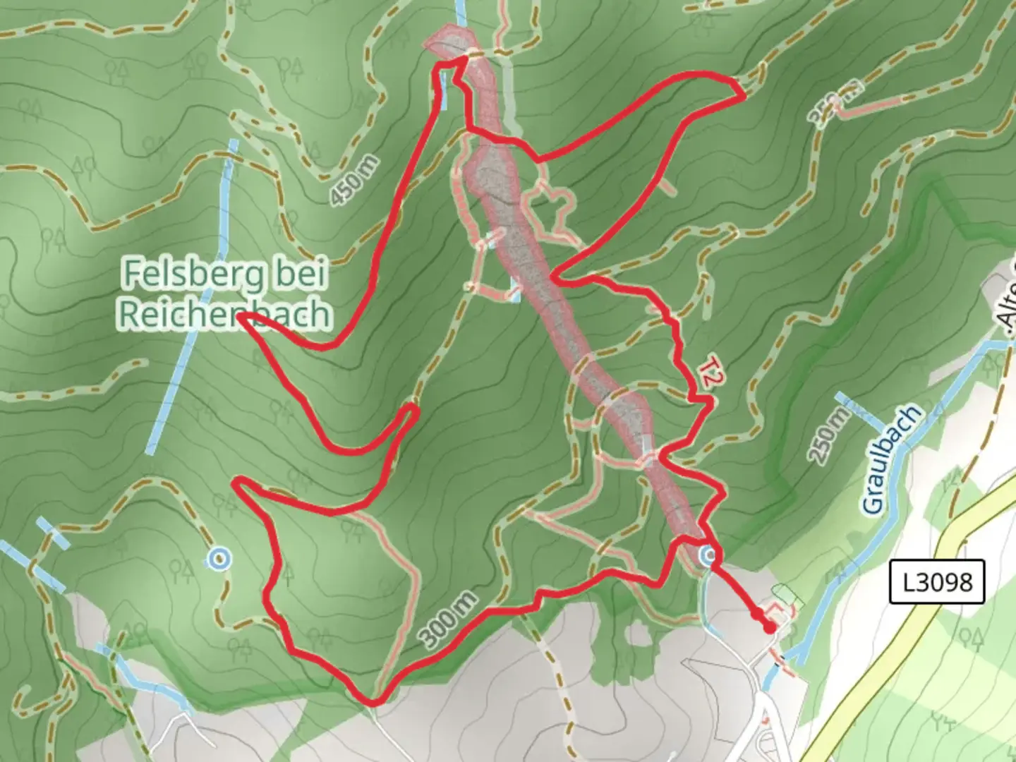 An image depicting the trail Stele, Giant's Armchair and Felsberg bei Reichenbach Loop and its surrounding area.