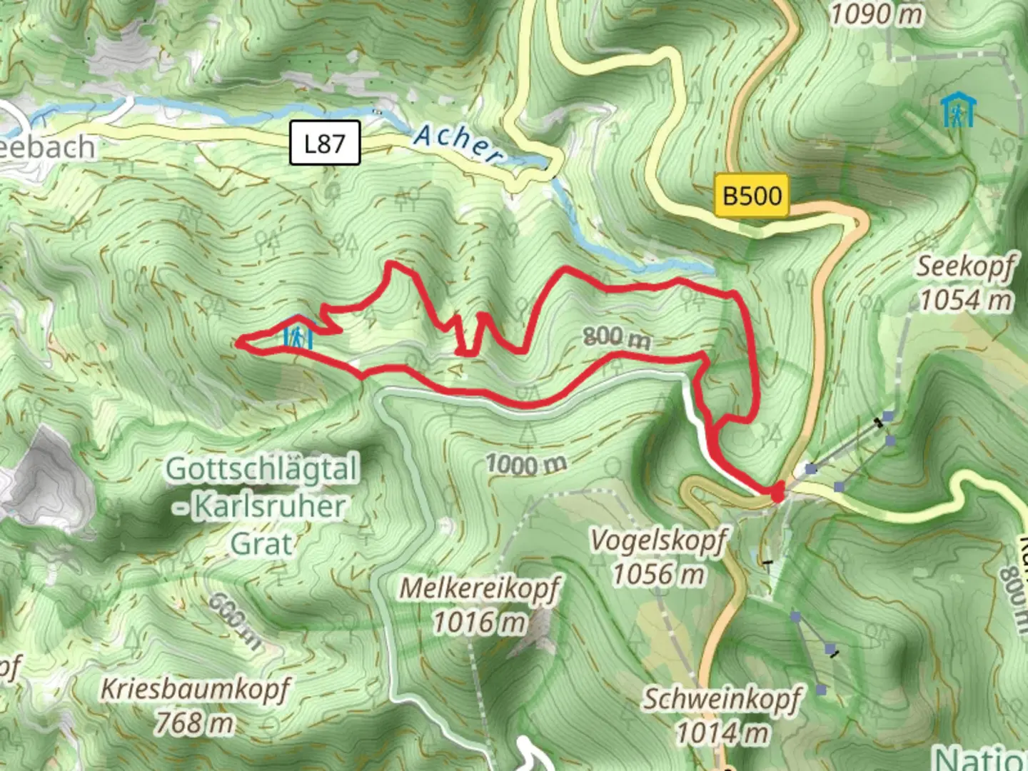 An image depicting the trail Buchwald and Scherzenfelsen Loop via Achert Kernhof and its surrounding area.