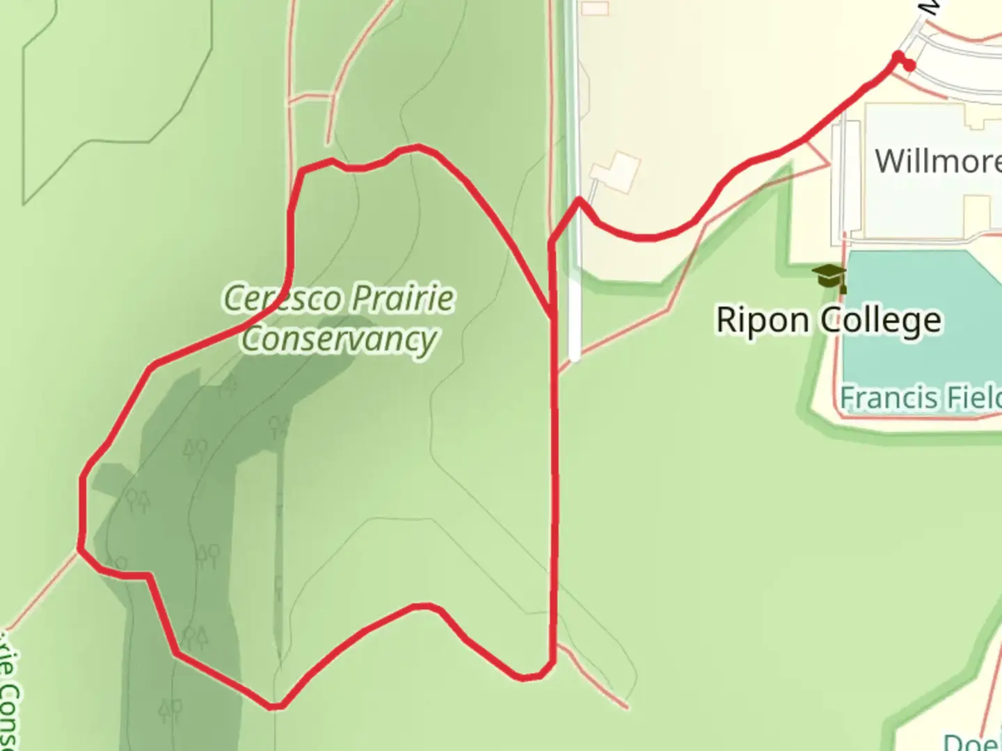 An image depicting the trail Ceresco Prairie Conservancy Loop and its surrounding area.