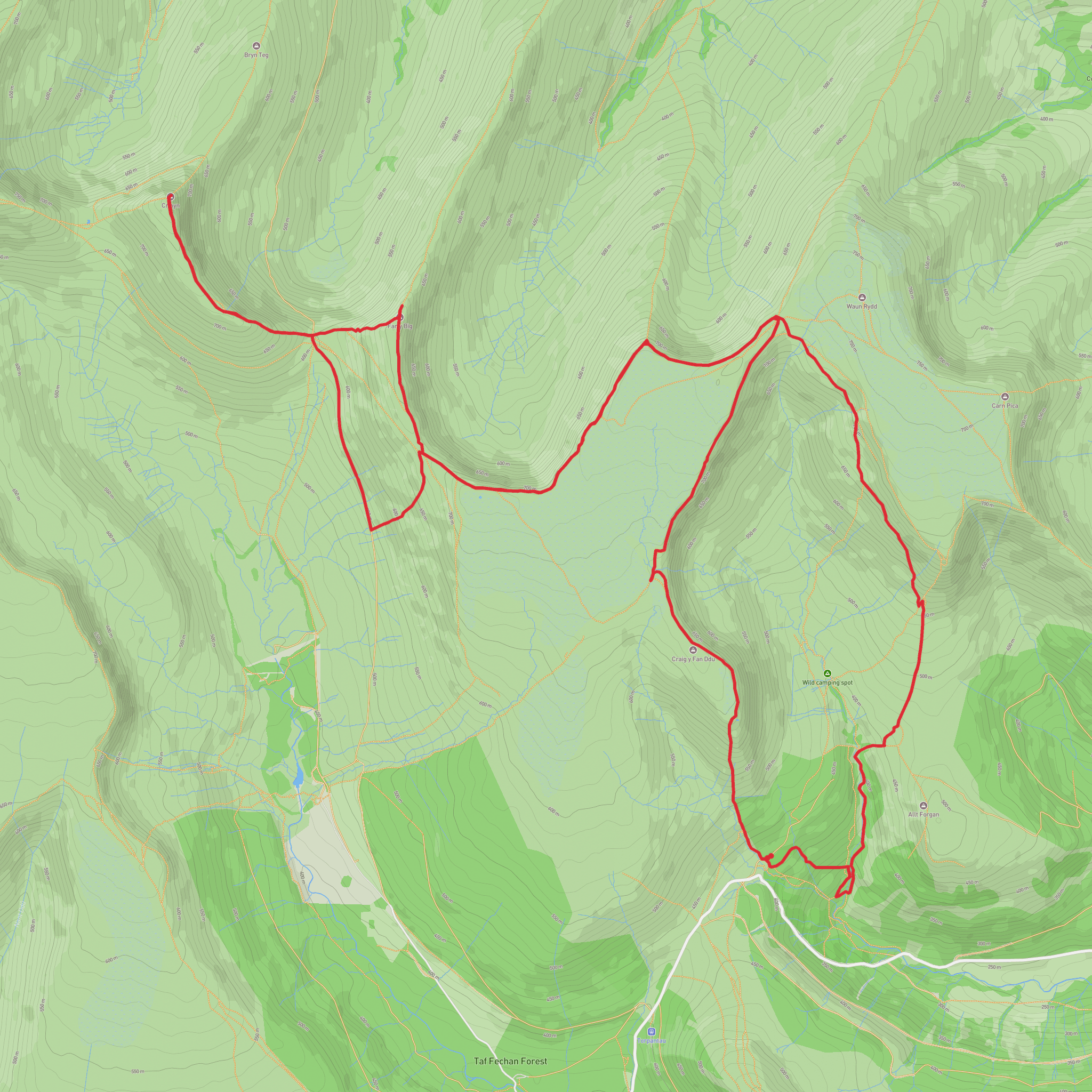 Talybont horseshoe circular via Cribyn and Canadian Bomber Crash Site mobile static map
