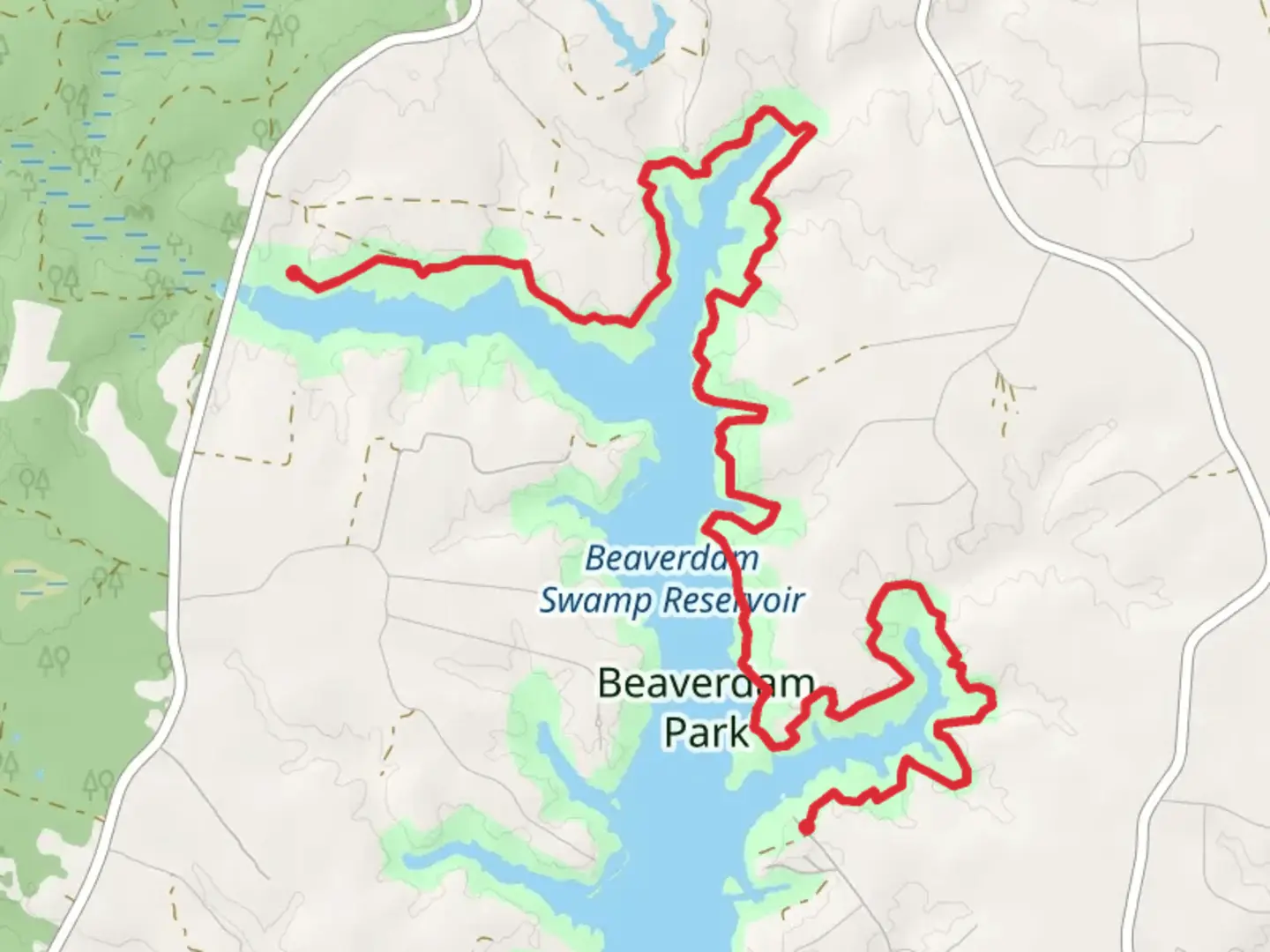 An image depicting the trail Beaverdam Swamp Reservoir Side Walk and its surrounding area.