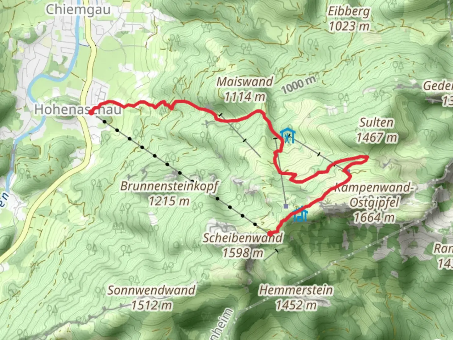 An image depicting the trail Kampenwandbahn Bergstation to Hohenaschau Walk via Sultensattel and its surrounding area.