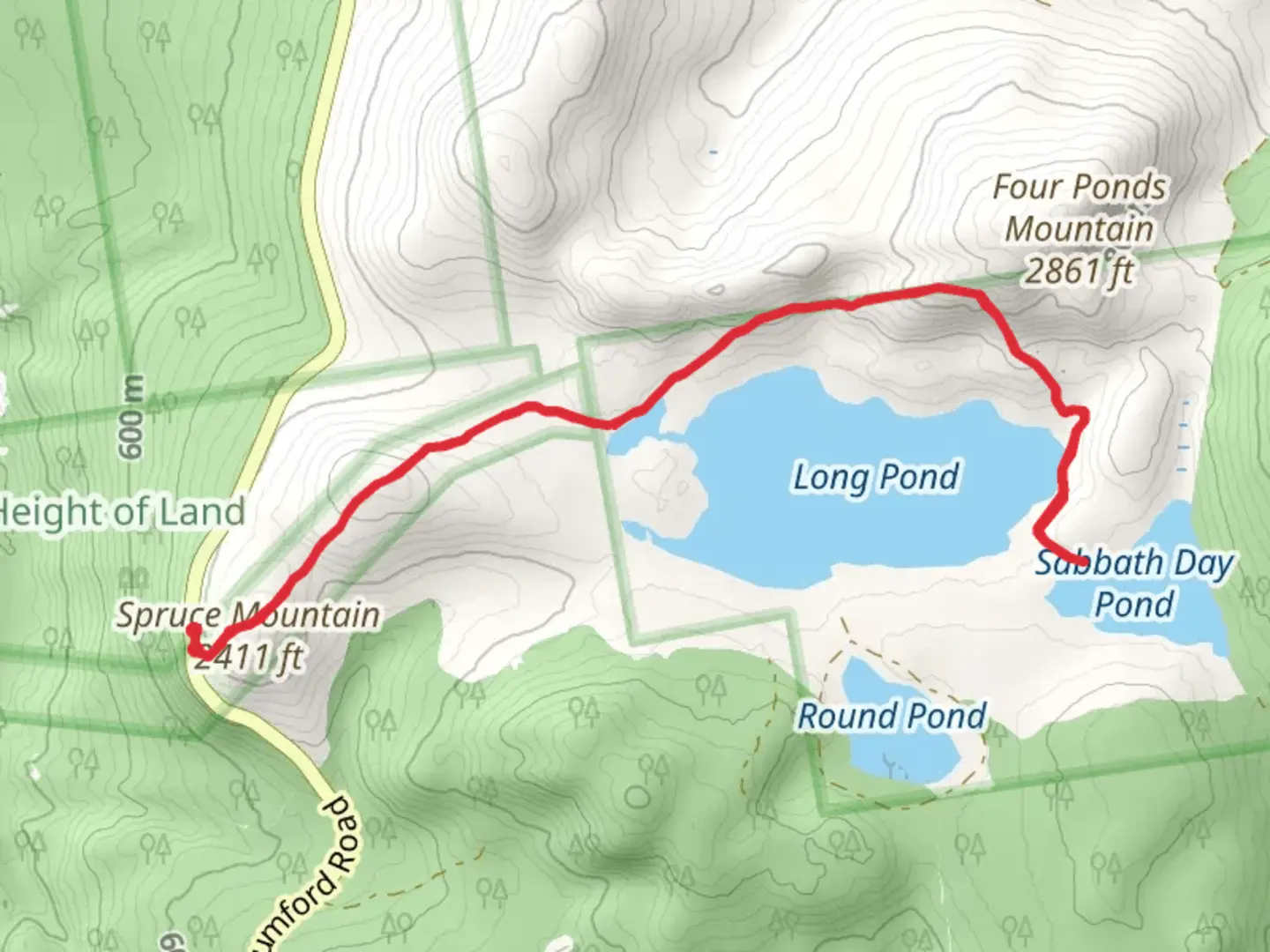 An image depicting the trail Spruce Mountain, Moxie Pond and Sabbath Day Pond Trail and its surrounding area.