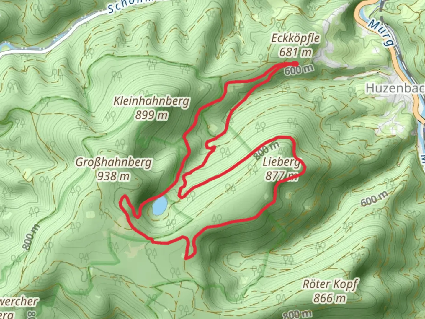 An image depicting the trail Huzenbacher See, Seltenbach-Wasserfall and Lieberg Loop and its surrounding area.