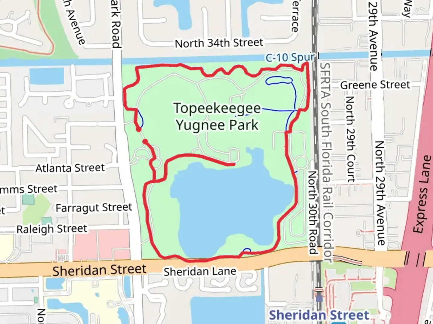 An image depicting the trail Topeekeegee Yugnee Park Loop and its surrounding area.