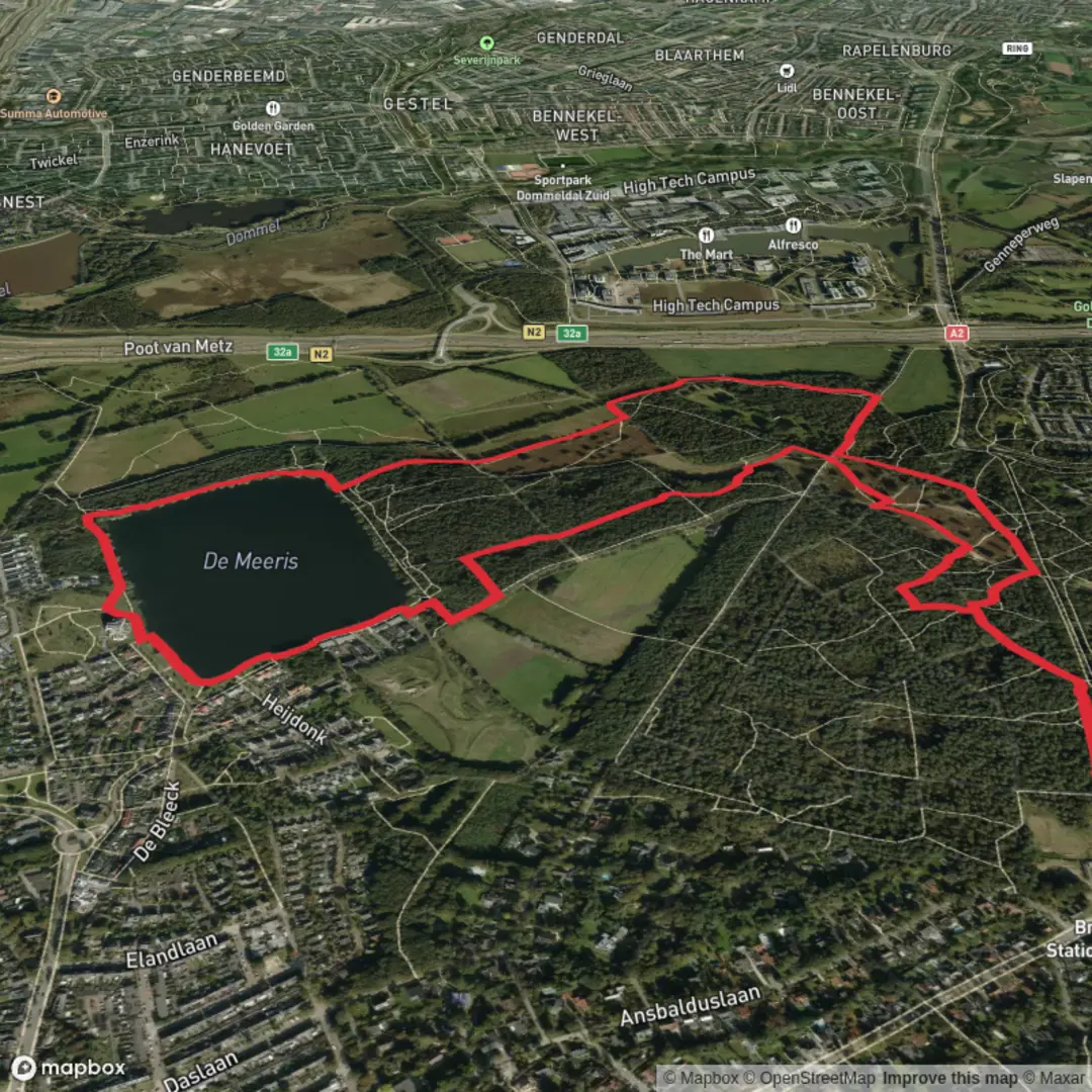 An image depicting the trail De Meeris via Meeris Wandeling and its surrounding area.
