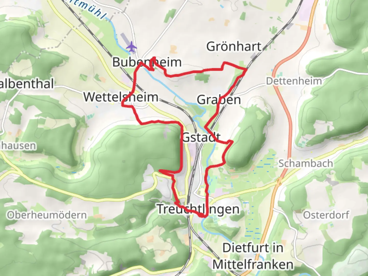 An image depicting the trail Treuchtlingen and Bubenheimer Berg Loop and its surrounding area.