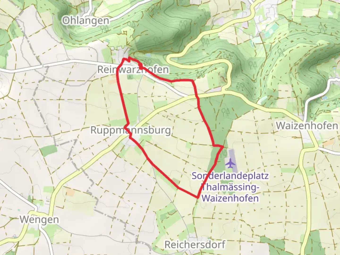 An image depicting the trail Thalmaessing Spassweg 1 and its surrounding area.