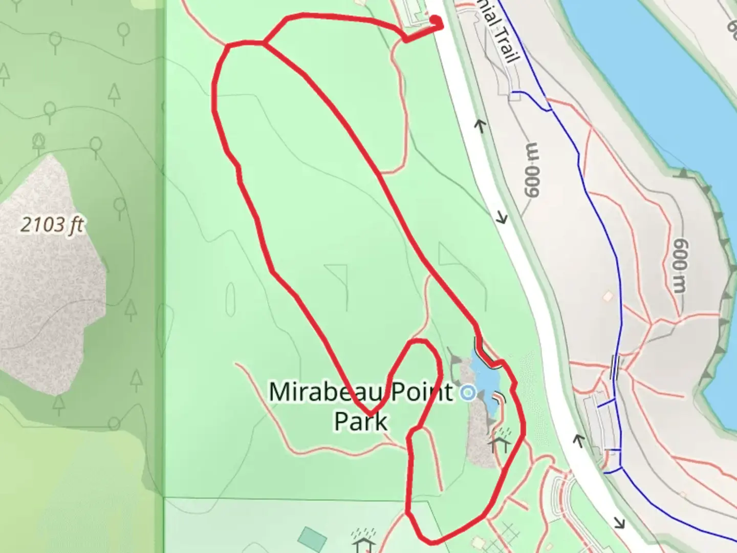An image depicting the trail Mirabeau pond Loop and its surrounding area.