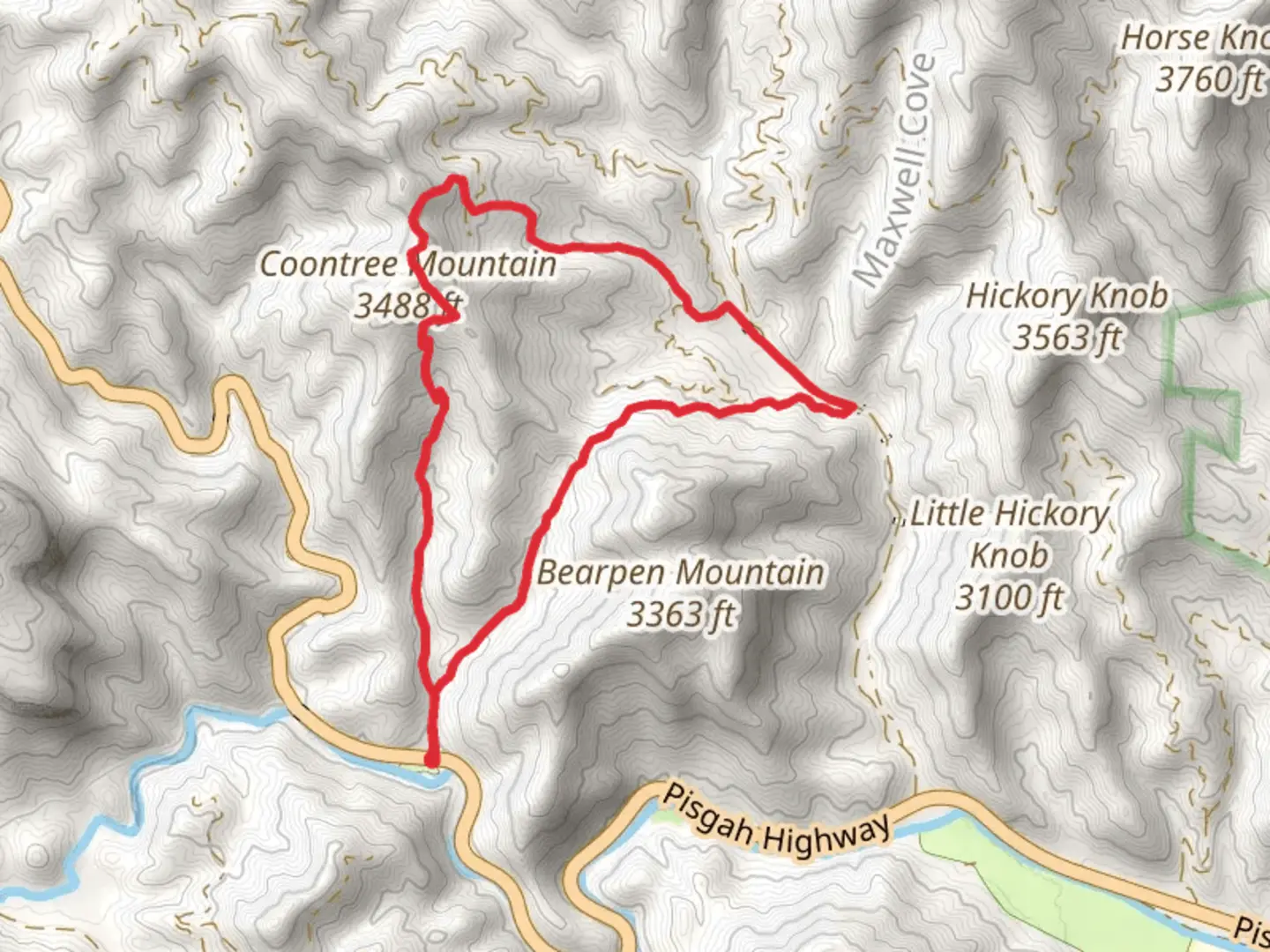 An image depicting the trail Coontree Mountain via Perry Cove and Bennet Gap and its surrounding area.