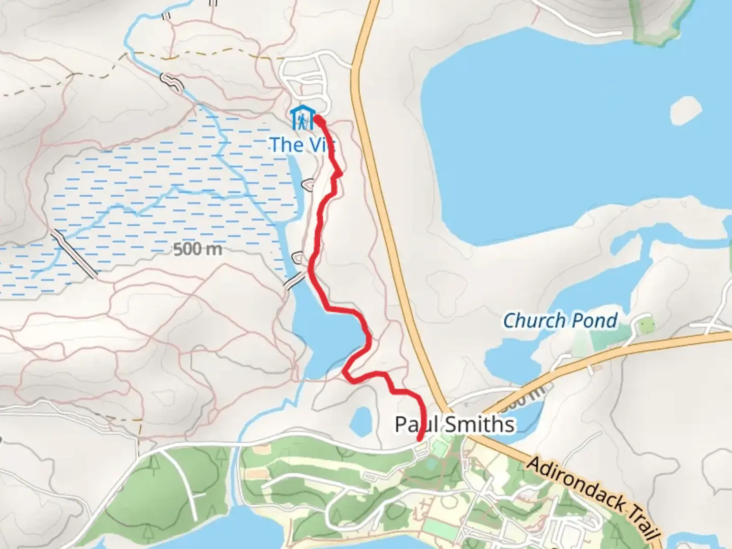 An image depicting the trail Paul Smiths via Bobcat Trail and its surrounding area.