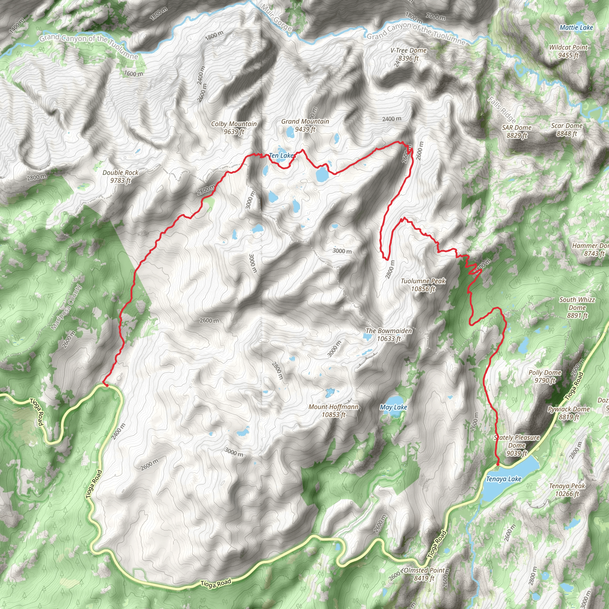 Ten Lakes and Glen Aulin - May Lake Trail mobile static map