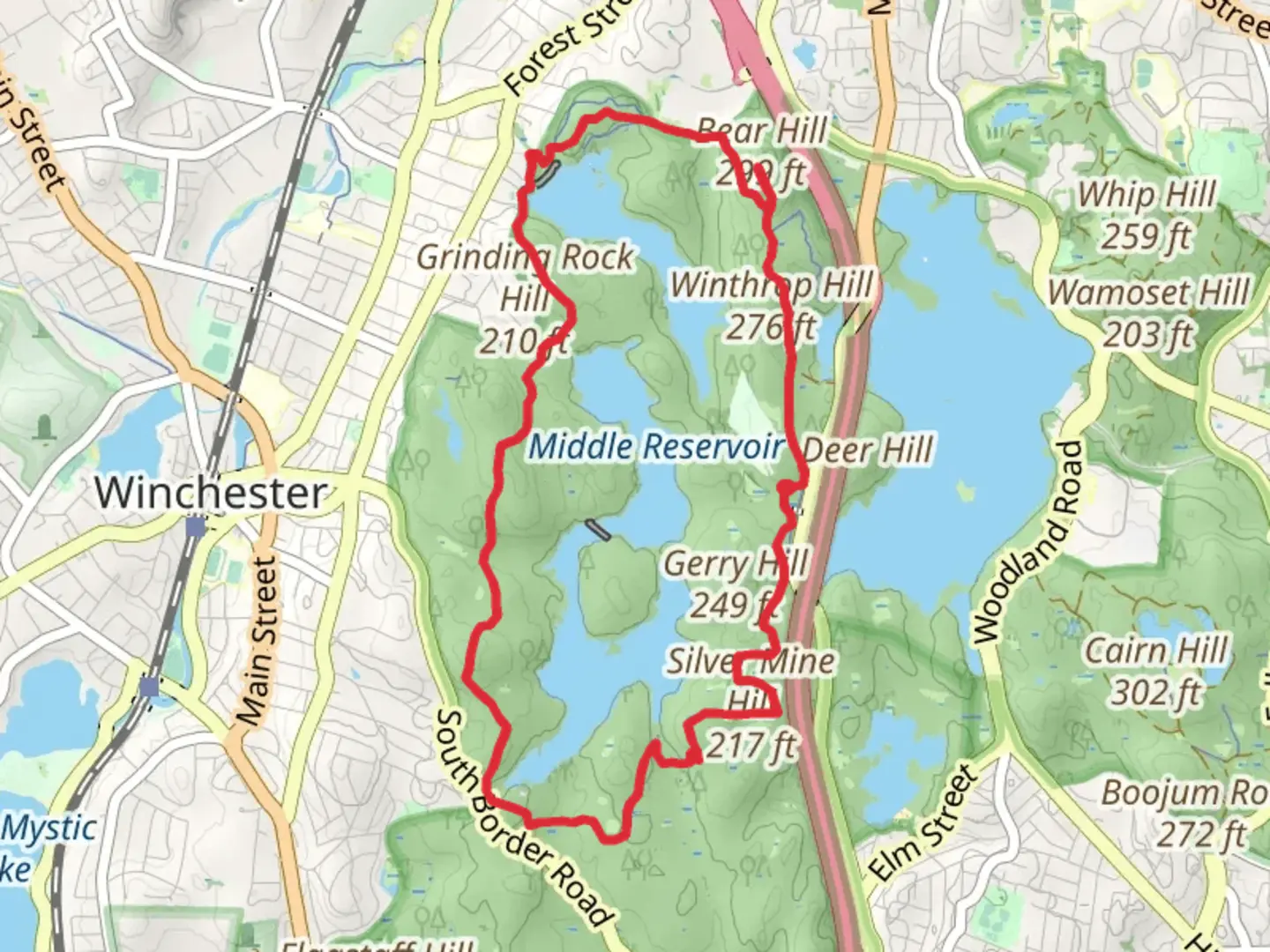 An image depicting the trail South Reservoir - Middle Reservoir and North Reservoir Loop and its surrounding area.