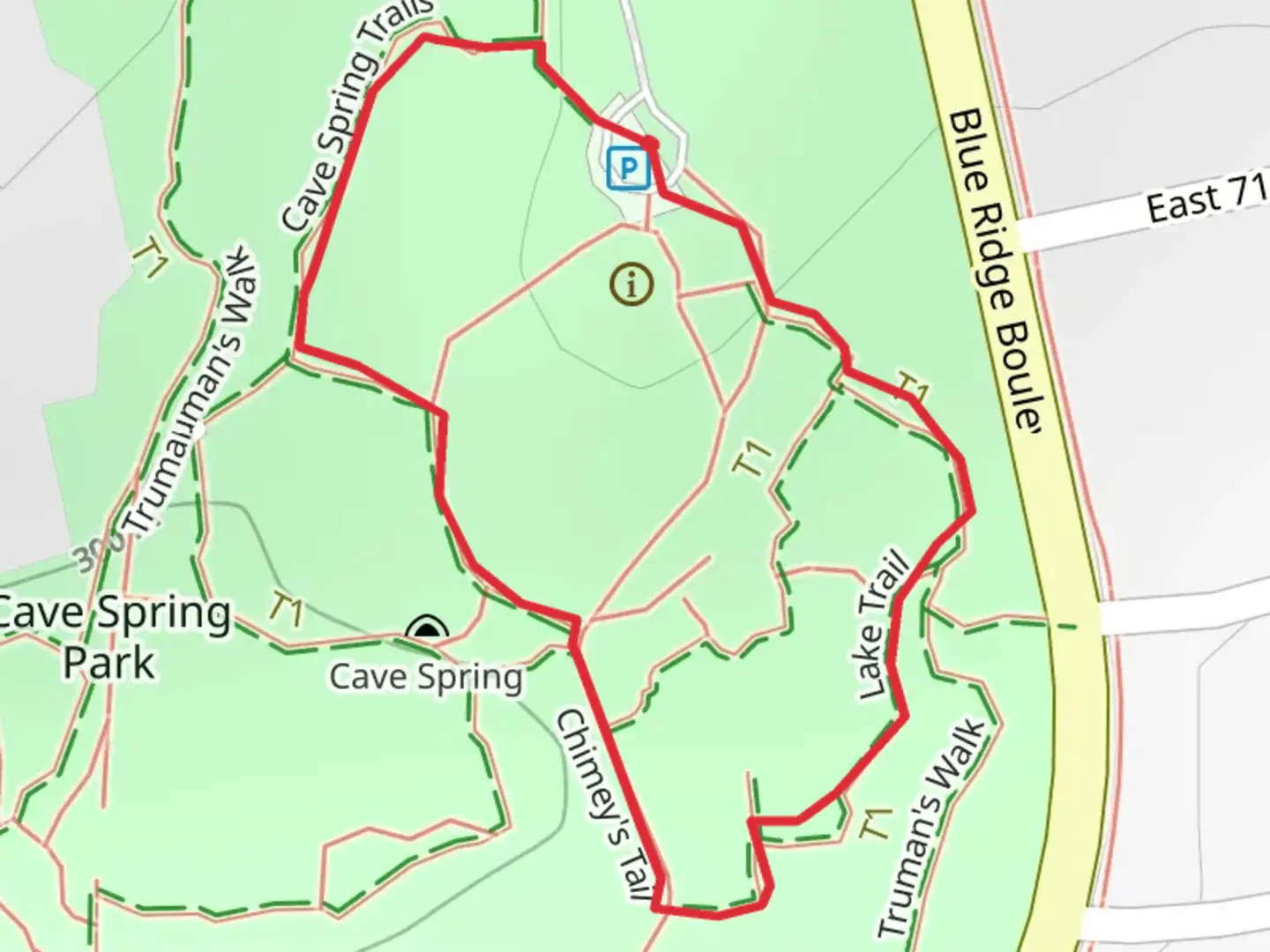 An image depicting the trail Cave Spring, Chimey's and Truman's Walk Loop Trail and its surrounding area.