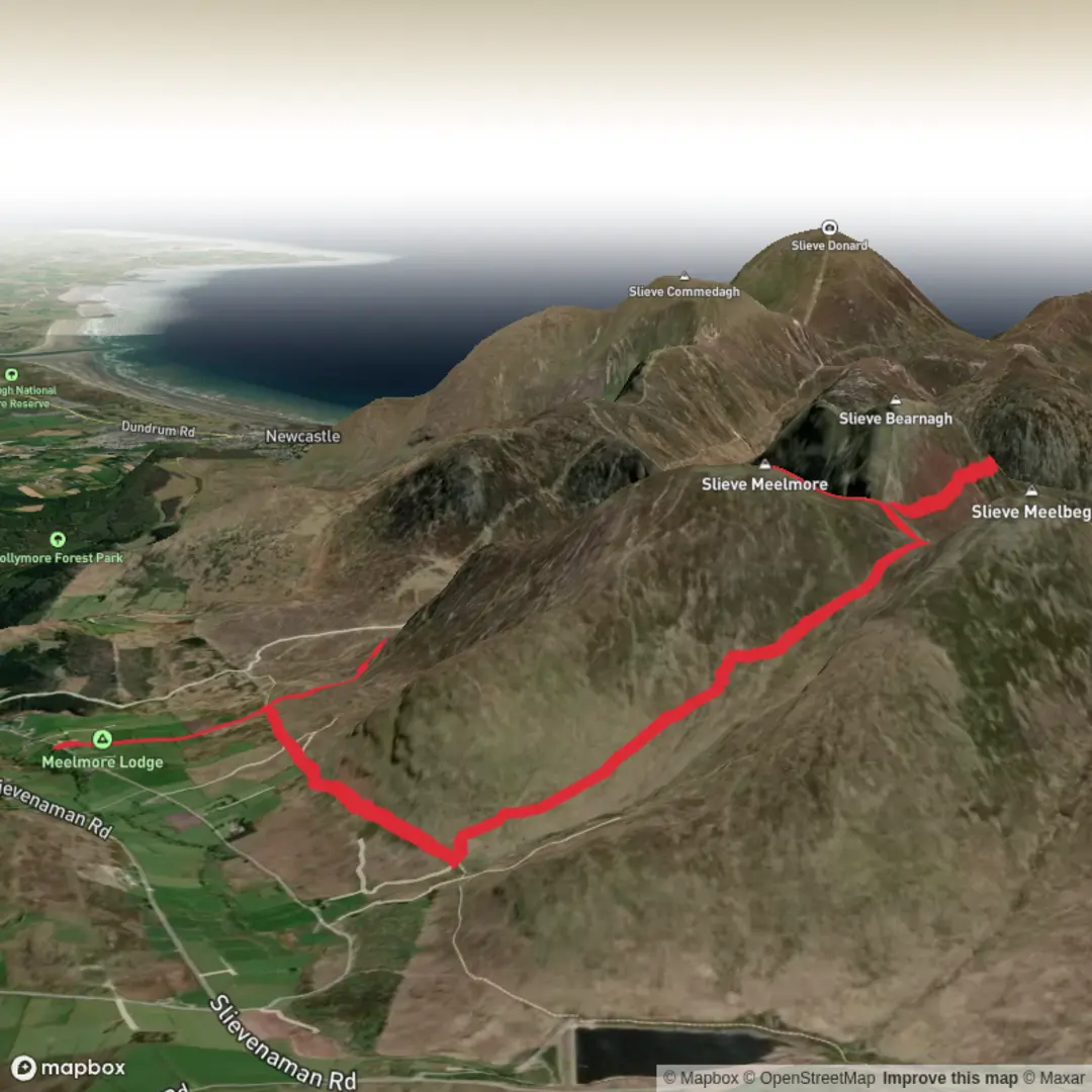 An image depicting the trail Slieve Meelmore and Slieve Bearnagh North Tor and its surrounding area.