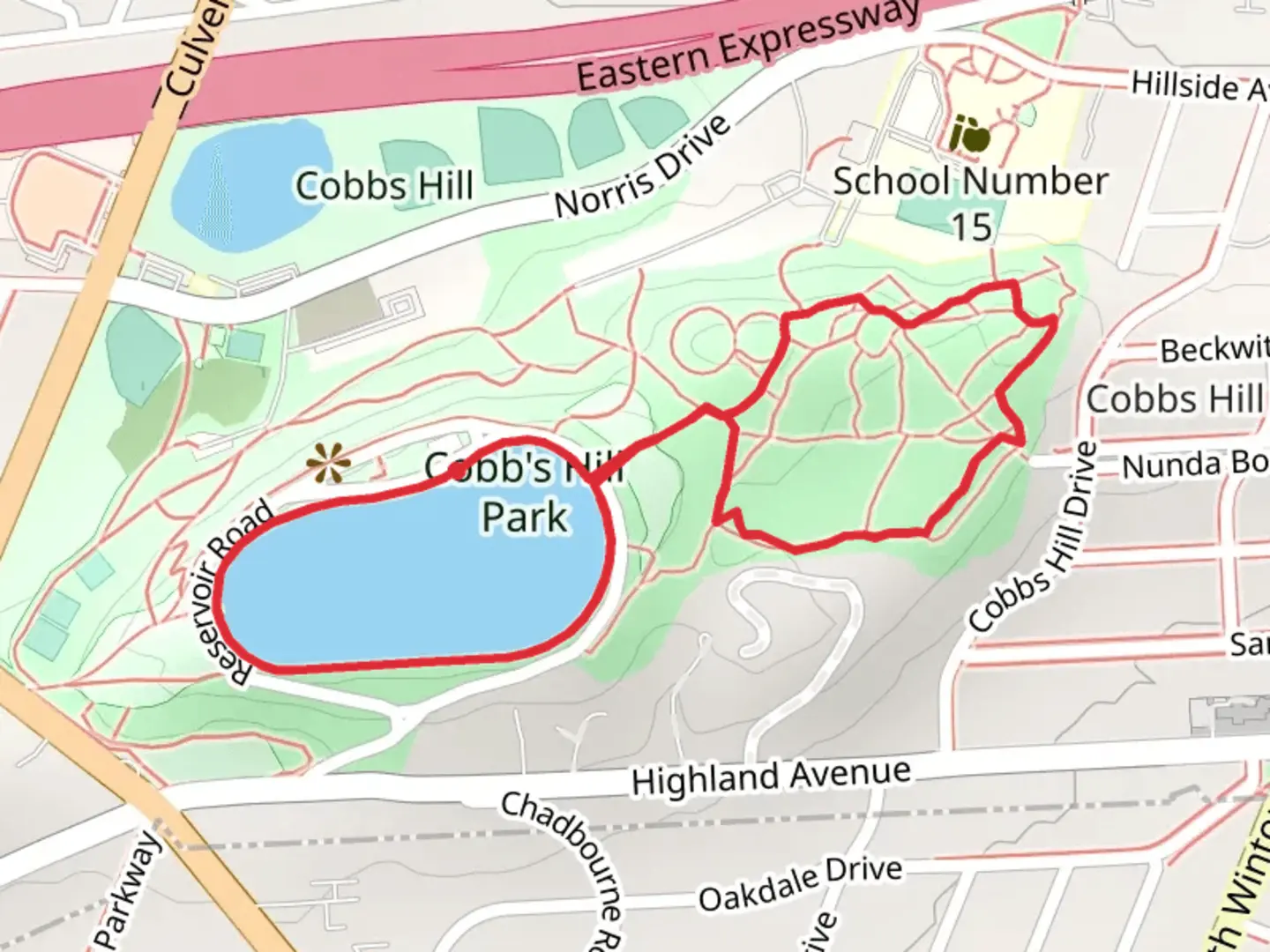 An image depicting the trail Cobbs Hill Reservoir Loop and its surrounding area.