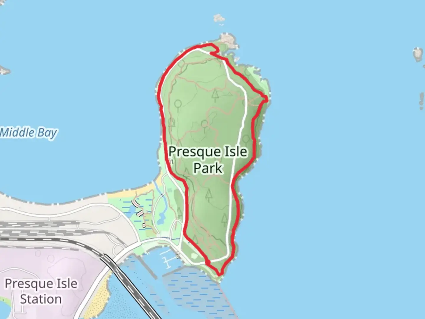 An image depicting the trail Presque Isle Park Loop and its surrounding area.