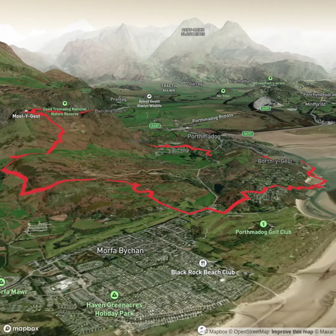 An image depicting the trail Borth-y-Gêst Circular via Morfa Bychan and its surrounding area.