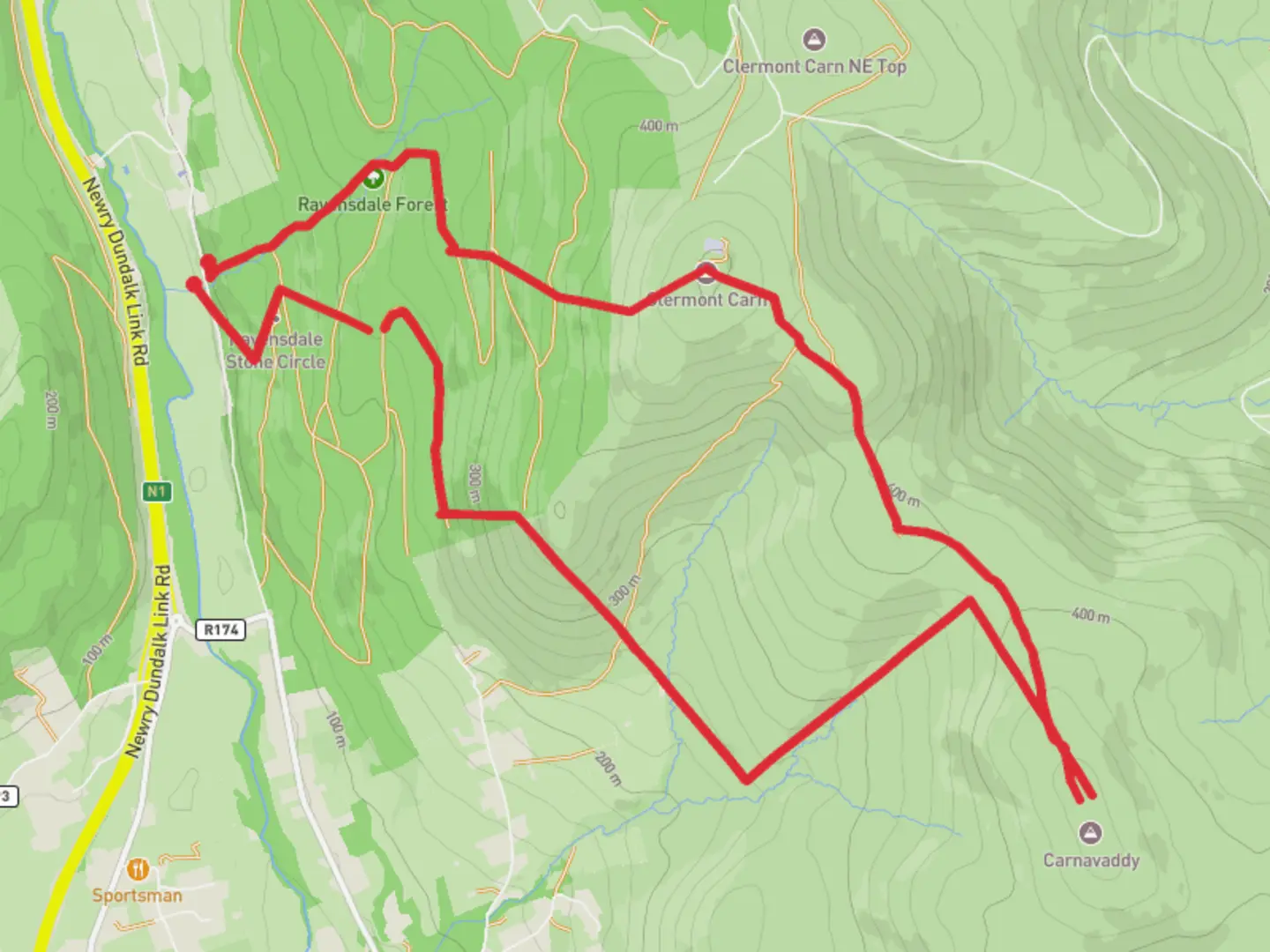 An image depicting the trail Ravensdale, Mast, Cairn, Cadgers Pass, Follies, Ravensdale and its surrounding area.
