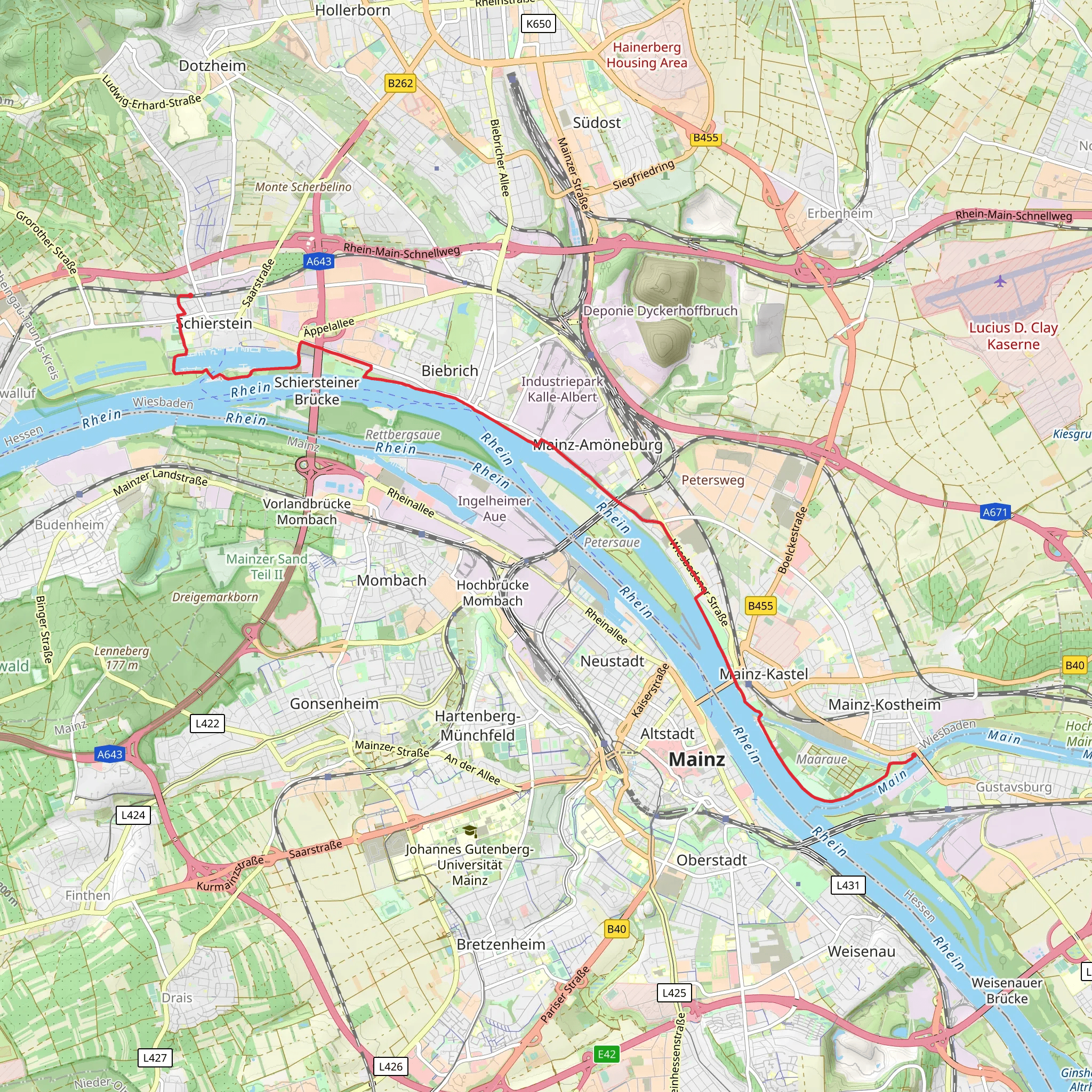 Kirchpark to Wiesbaden-Schierstein via Rhein, Schiersteiner Hagen and Hafenweg mobile static map
