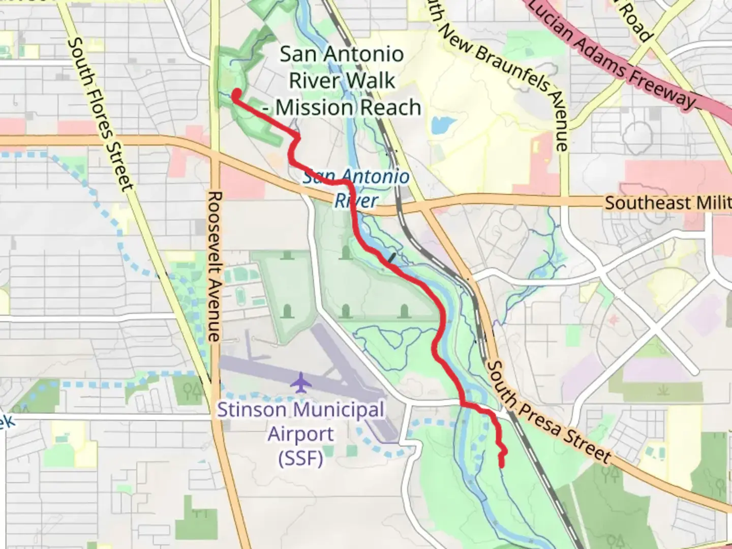An image depicting the trail River Walk and Acequia Trail and its surrounding area.