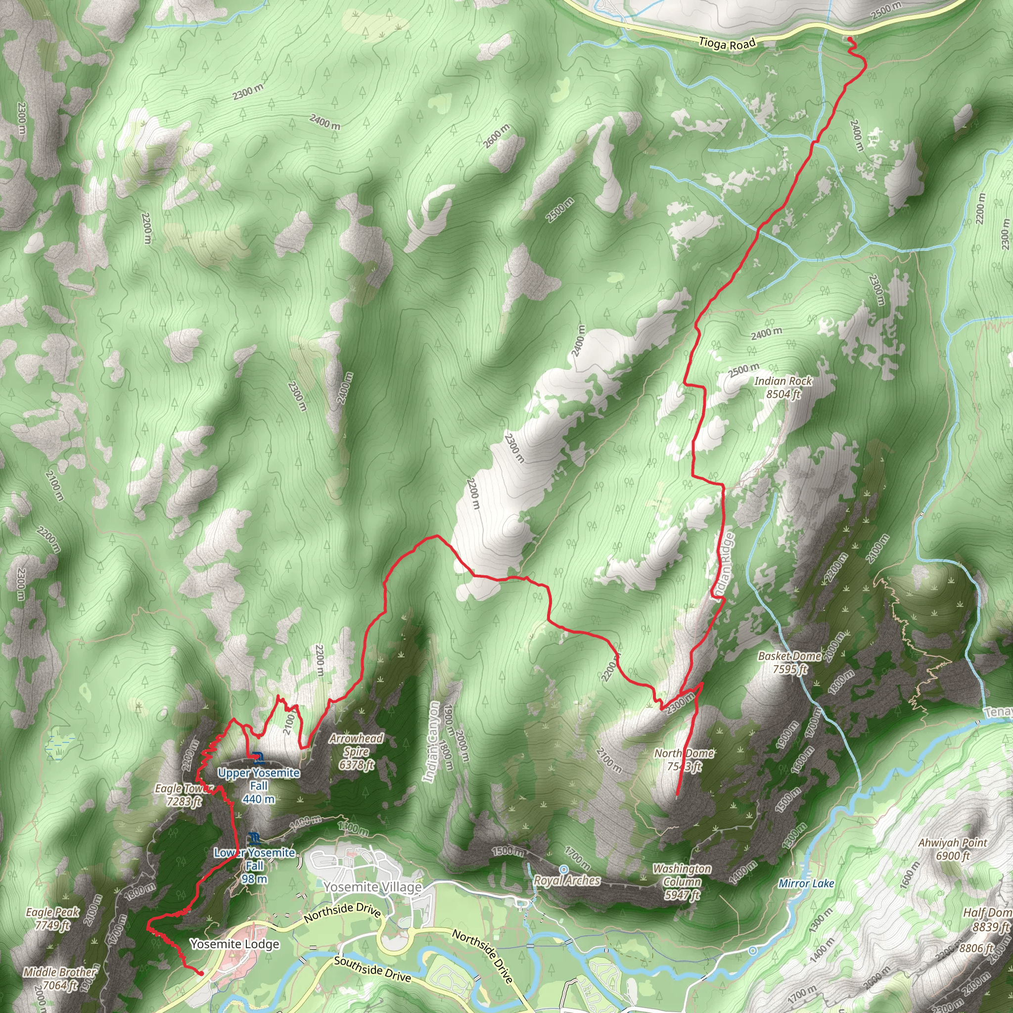 North Dome and Upper Yosemite Falls Trail mobile static map