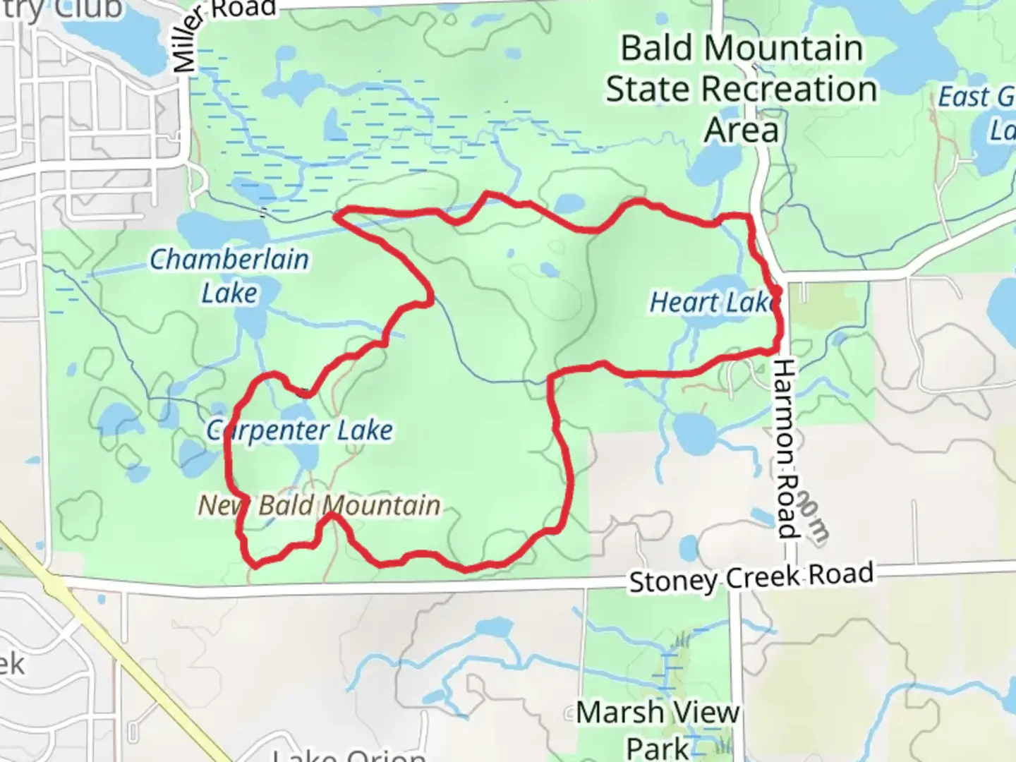 An image depicting the trail Heart Lake and Carpenter Lake Loop via White Trail and its surrounding area.