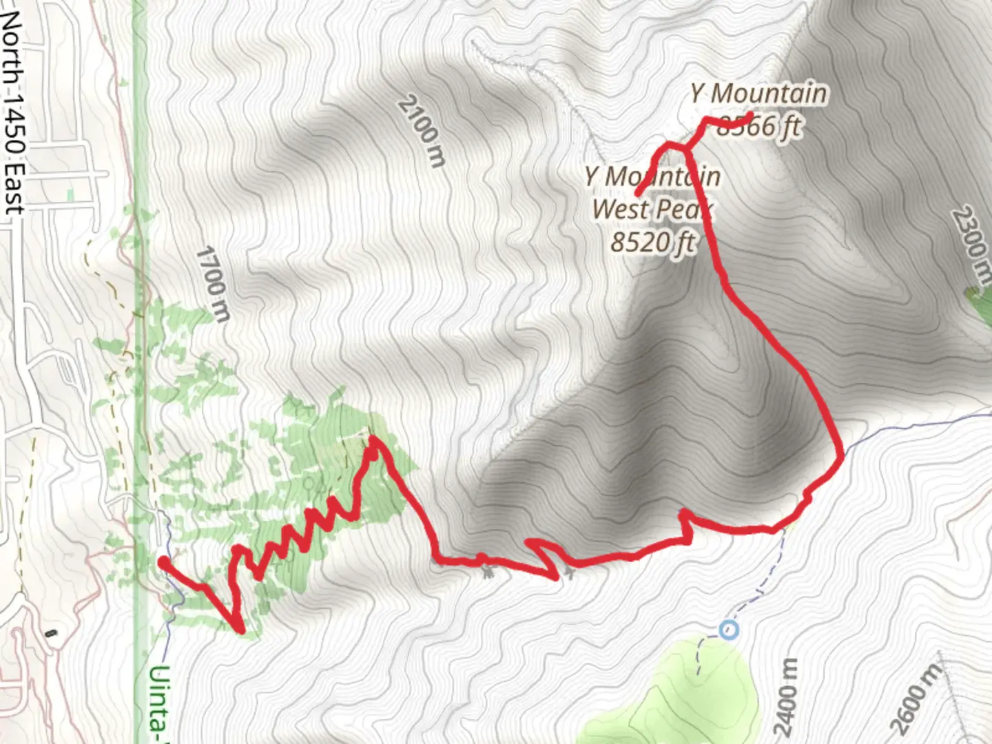 An image depicting the trail Y Mountain Trail and Y Mountain West Peak and its surrounding area.