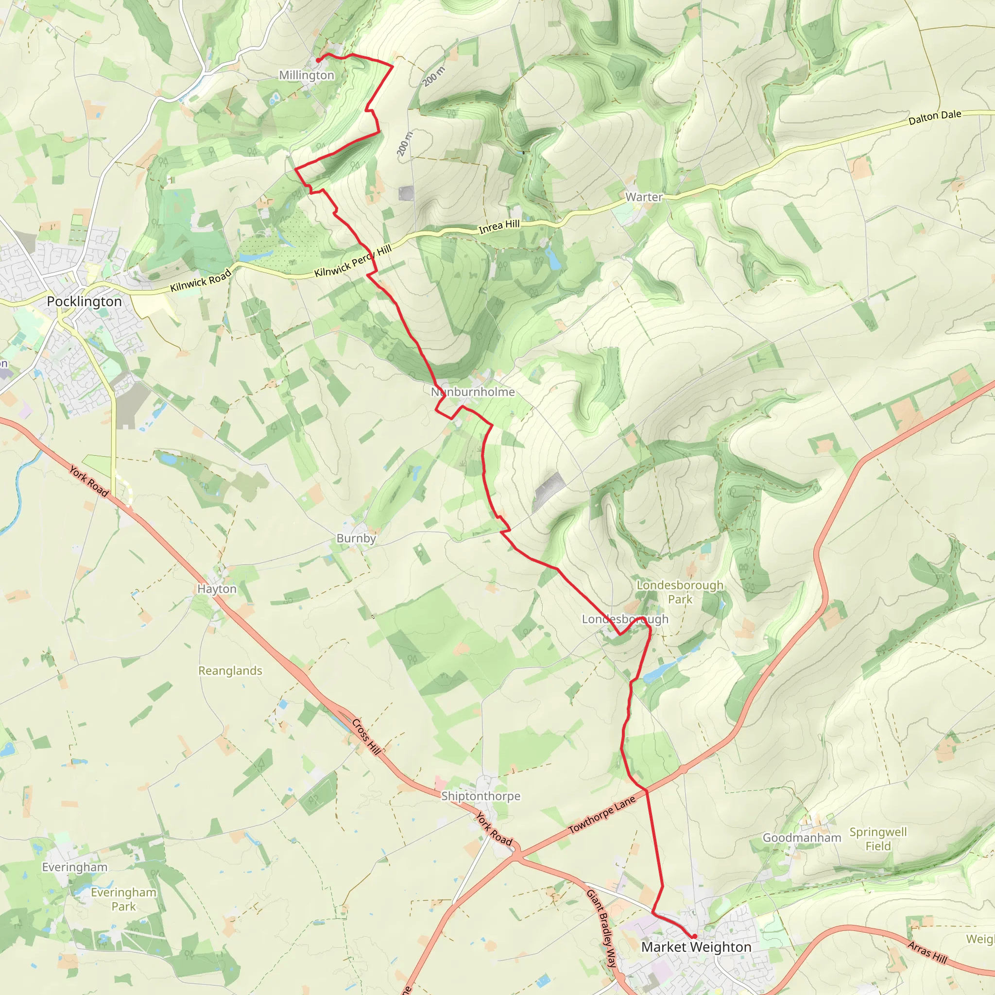 Market Weighton to Mellington Walk mobile static map