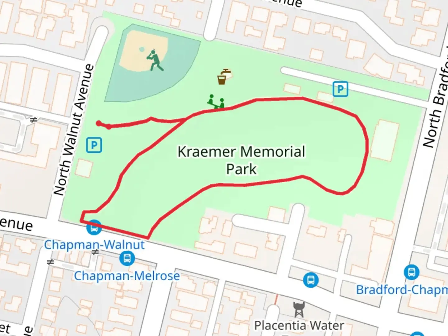 An image depicting the trail Kraemer Memorial Park Loop and its surrounding area.