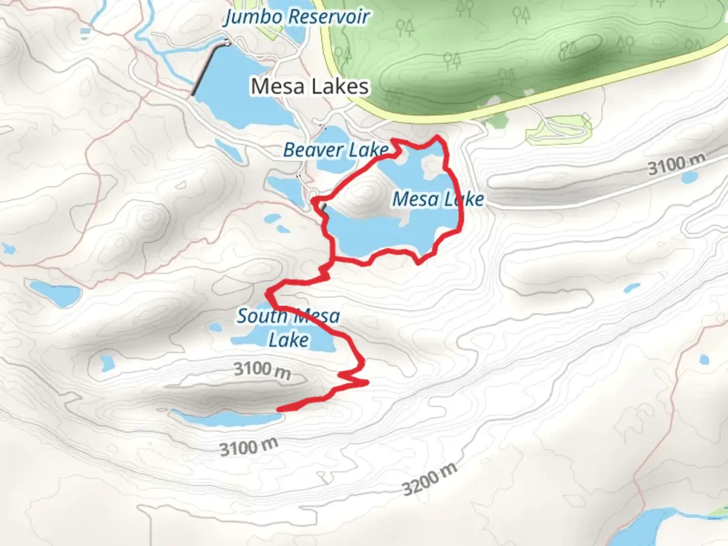 An image depicting the trail Lost Lake, South Mesa Lake and Mesa Lake Loop and its surrounding area.