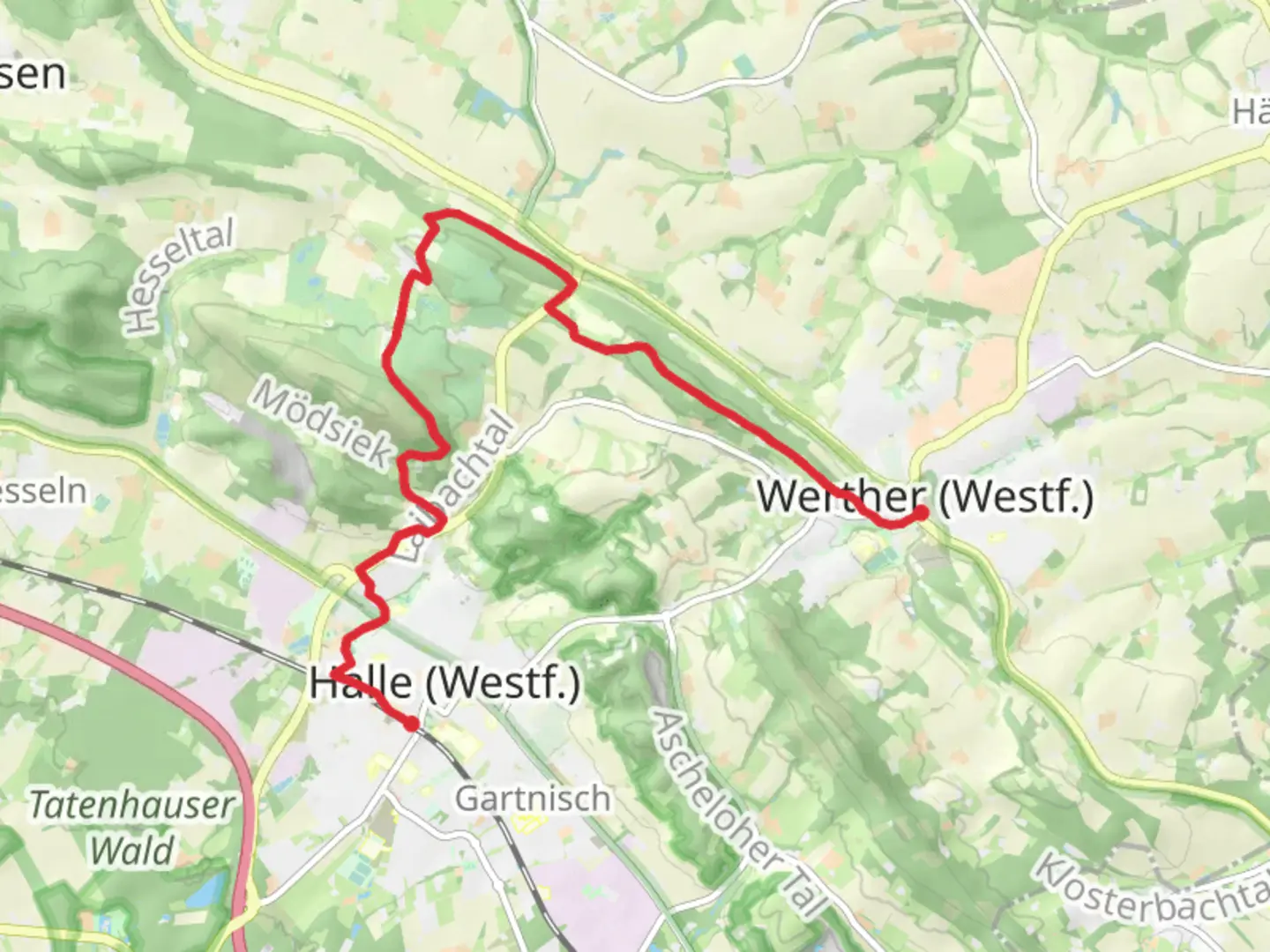 An image depicting the trail Werther to Halle via Schau-ins-Land Weg and Weg Fuer Geniesser and its surrounding area.