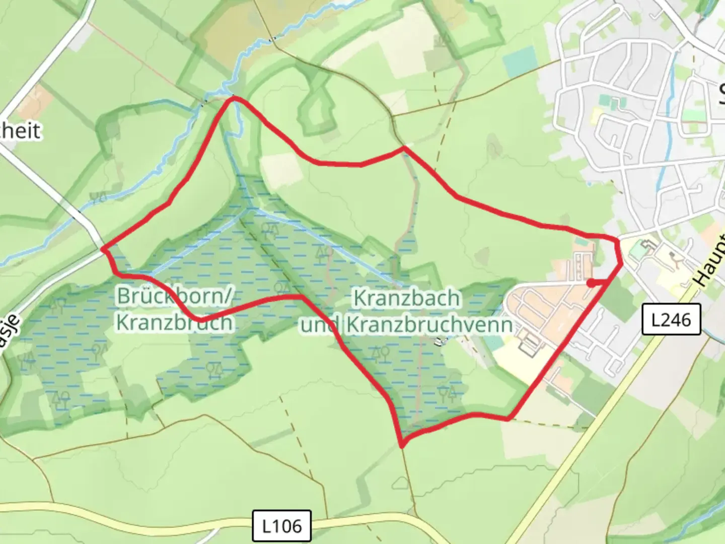 An image depicting the trail Kranzbach and Kranzbruchvenn Loop via Dorfrundgang Simmerath and its surrounding area.