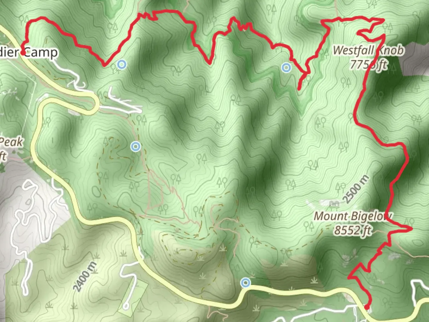 An image depicting the trail Butterfly Trail and Westfall Knob Trail and its surrounding area.