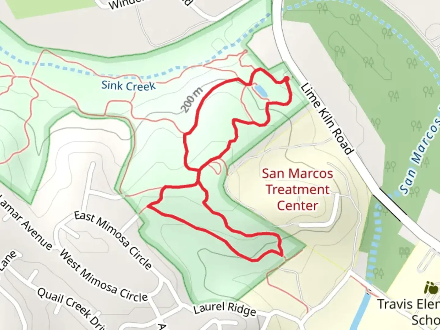 An image depicting the trail Blue Heron, Blind Salamander Way and Skink Link Loop and its surrounding area.