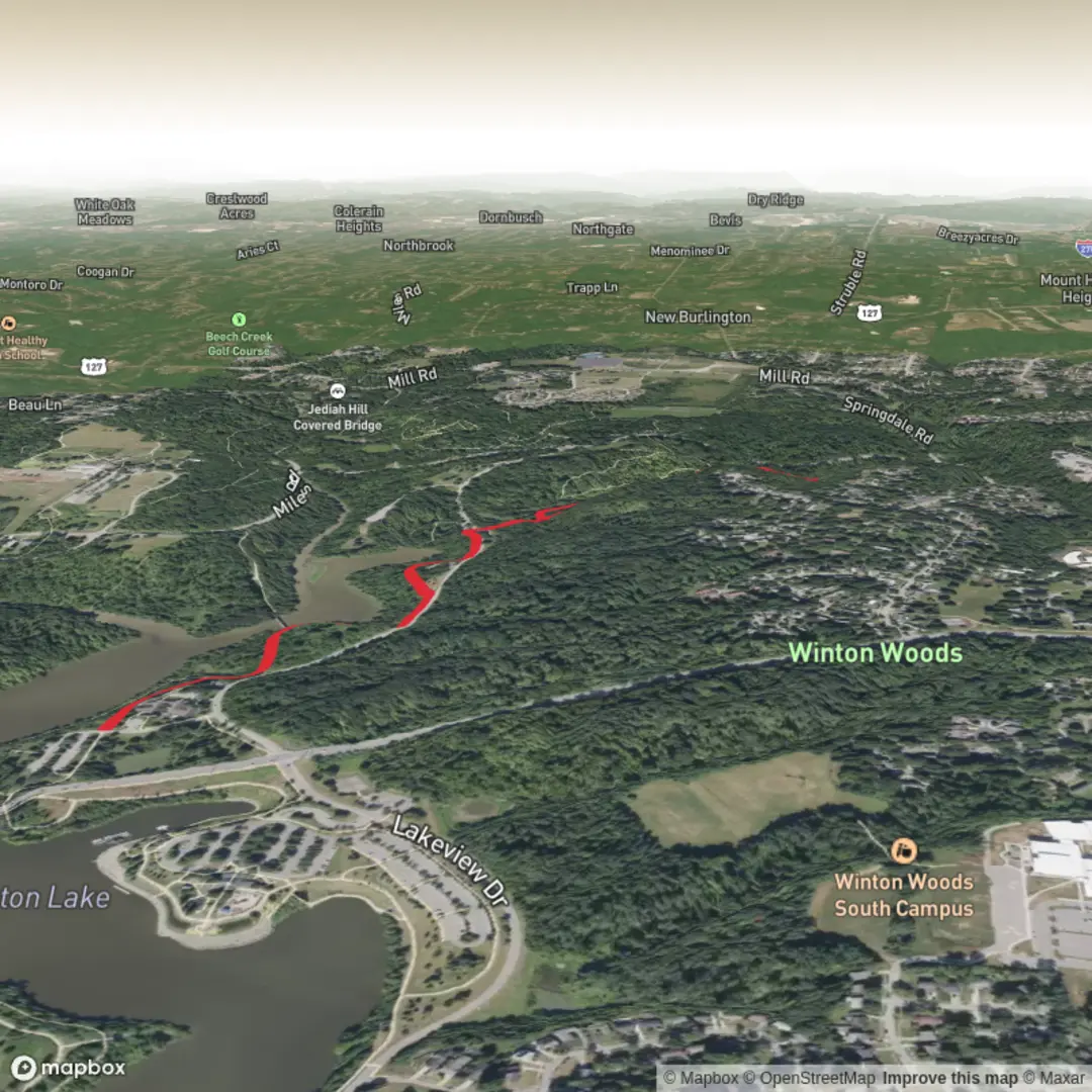 An image depicting the trail Winton Lake via W Trail and Kingfisher Trail and its surrounding area.