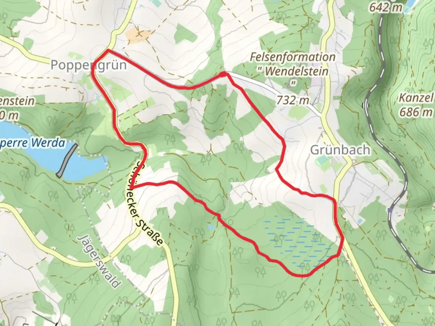 An image depicting the trail Oberwinn, Neudorf and Poppengrun Loop and its surrounding area.