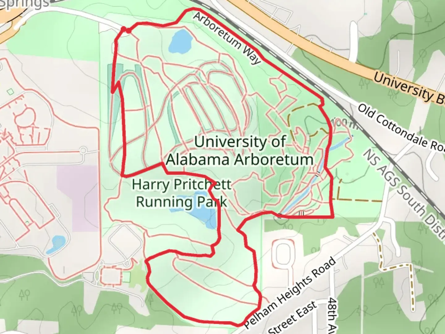 An image depicting the trail University of Alabama Arboretum Loop and its surrounding area.