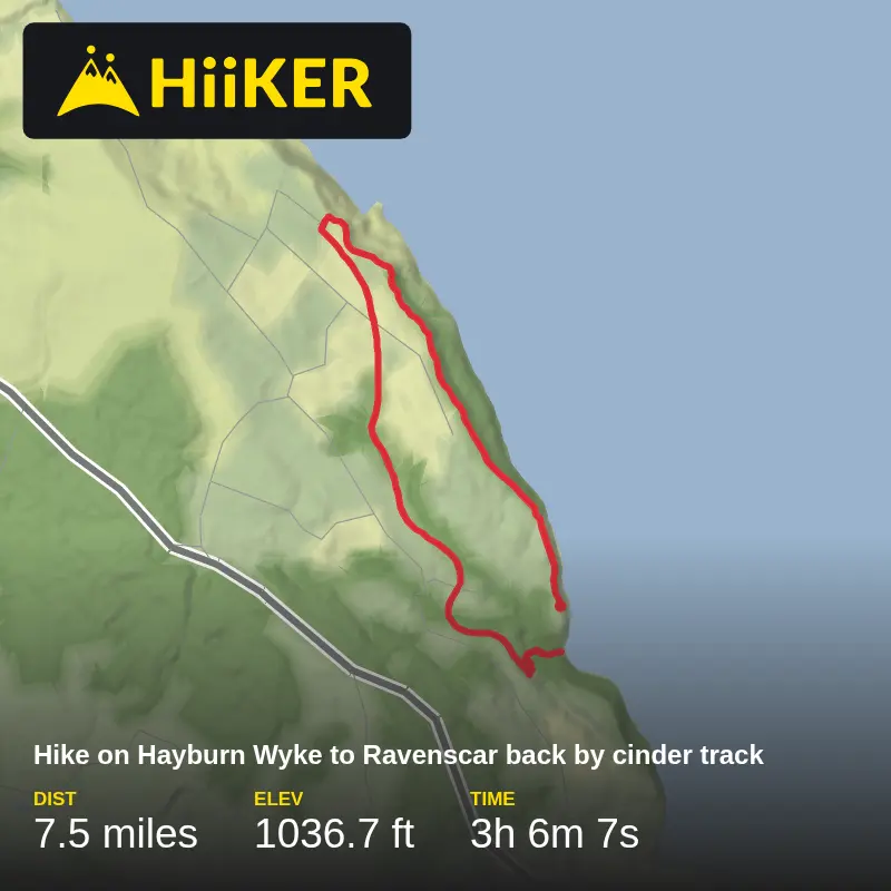A map preview of the recording Hike on Hayburn Wyke to Ravenscar back by cinder track.