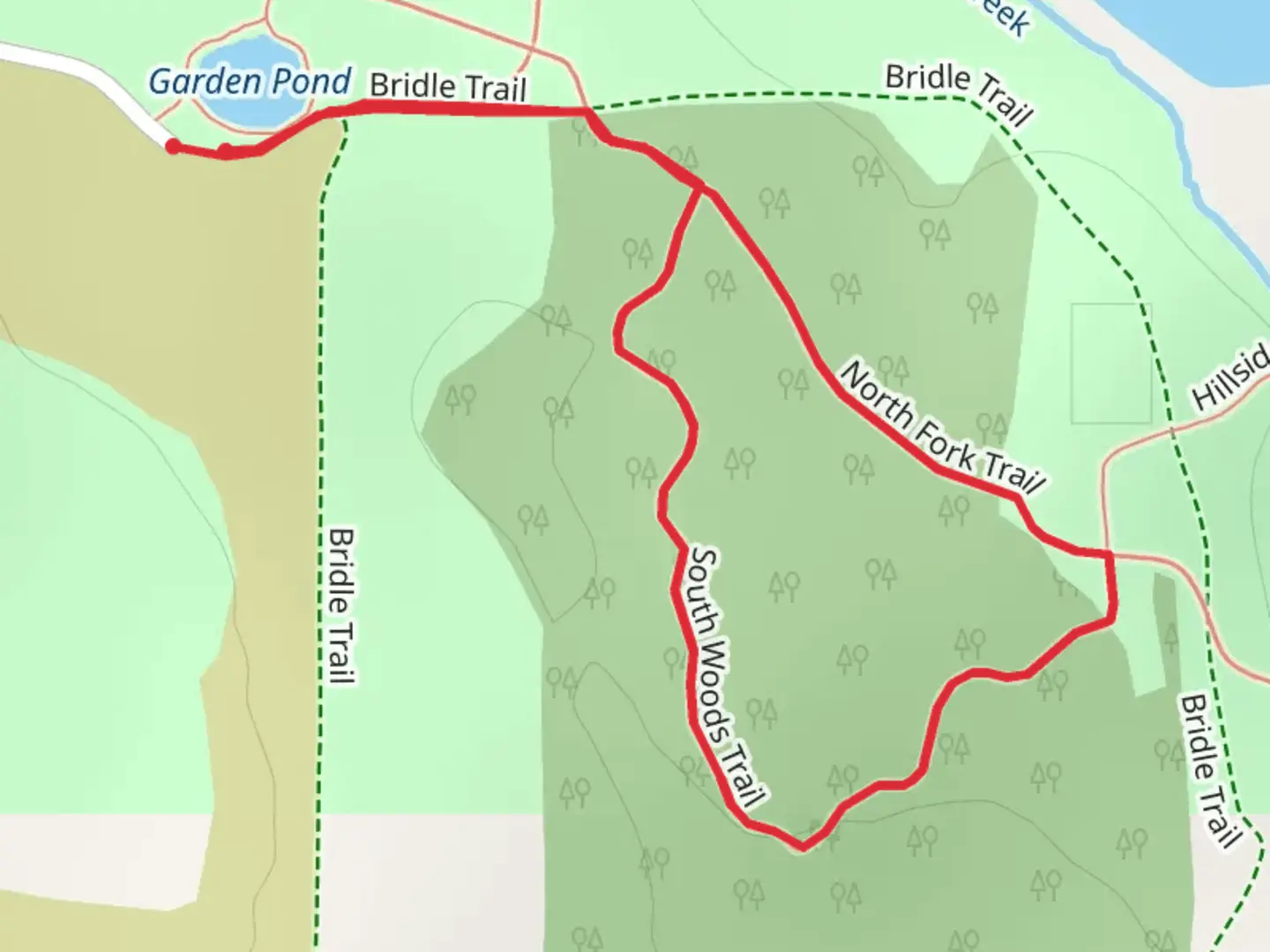 An image depicting the trail North Fork trail and South Woods Trail Loop and its surrounding area.