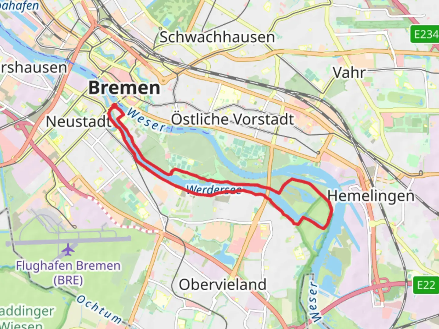 An image depicting the trail Wersersee via Geestweg and Boeschungsweg and its surrounding area.
