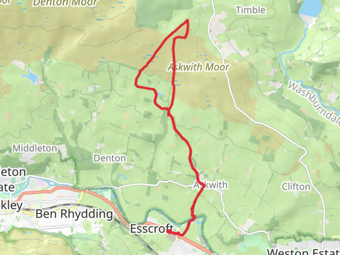 An image depicting the trail Ellercarr Pike and High Round Hill Loop from Burley in Wharfedale and its surrounding area.