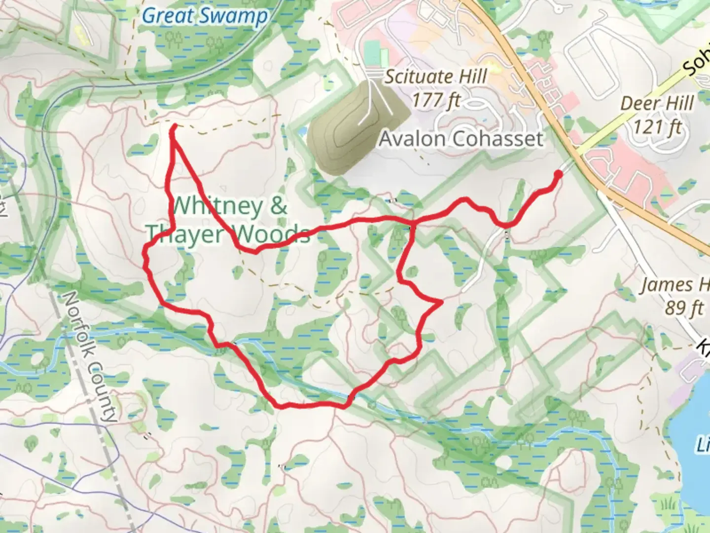 An image depicting the trail Old James Hill via Brass Kettle Brook Loop and its surrounding area.