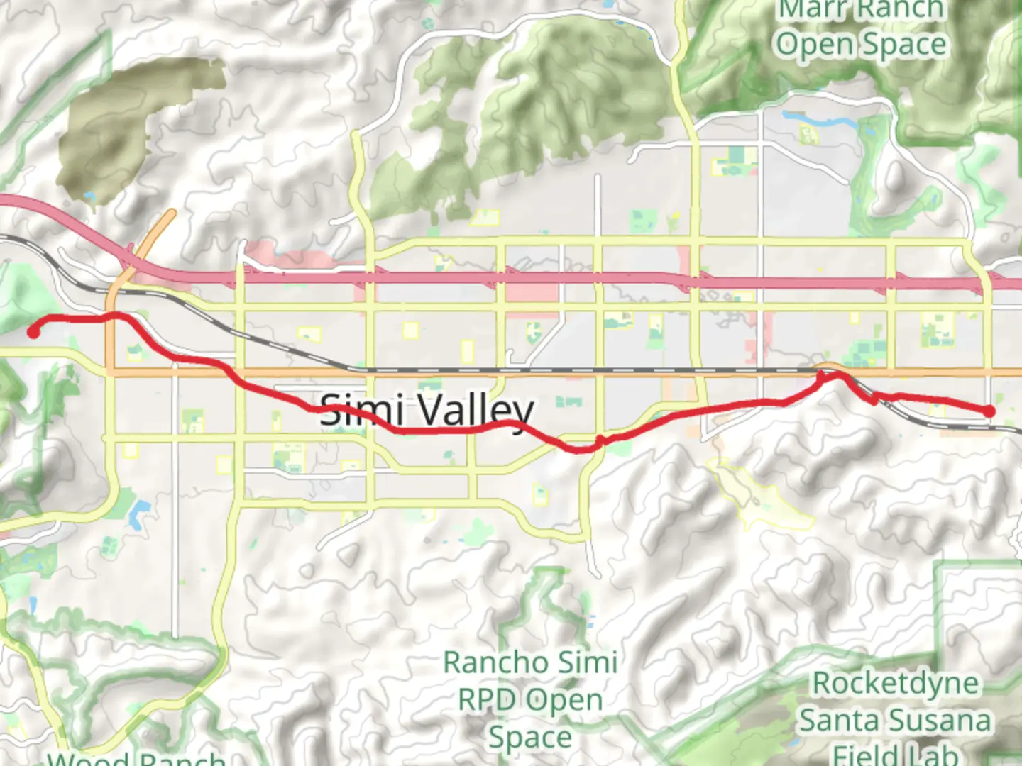 An image depicting the trail Arroyo Simi Pathway and its surrounding area.