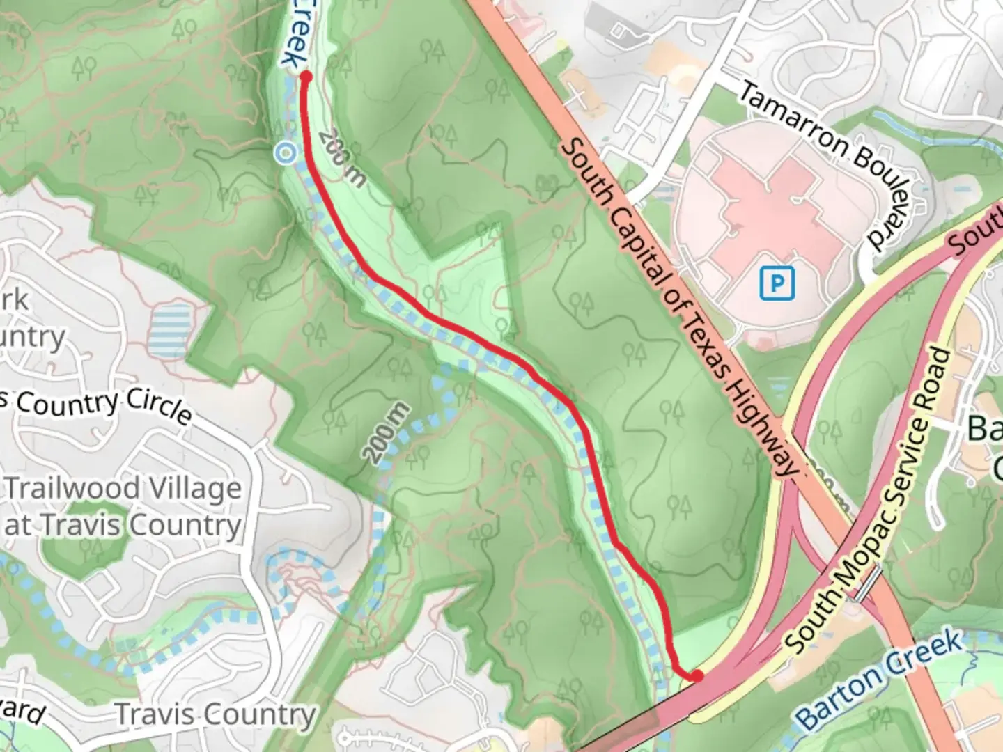 An image depicting the trail Barton Creek Greenbelt Mopac Trail Entrance and its surrounding area.