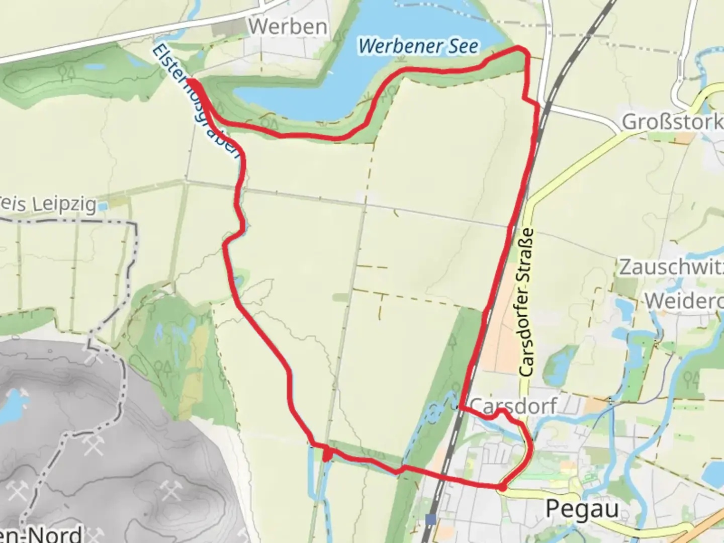 An image depicting the trail Werbener See via Flossgraben Wanderweg and its surrounding area.