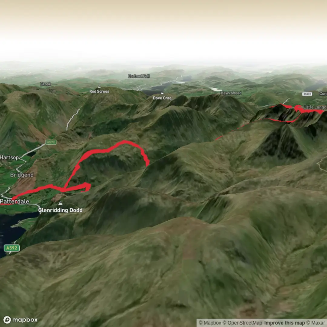 An image depicting the trail Patterdale - Helvellyn StridingEdge - Dollywaggon Pike - Grisdale Tarn and Zigazg path overlooking Grisdale Valley and its surrounding area.
