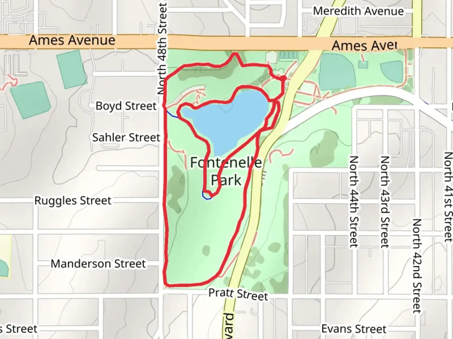 An image depicting the trail Fontenelle Park Loop and its surrounding area.