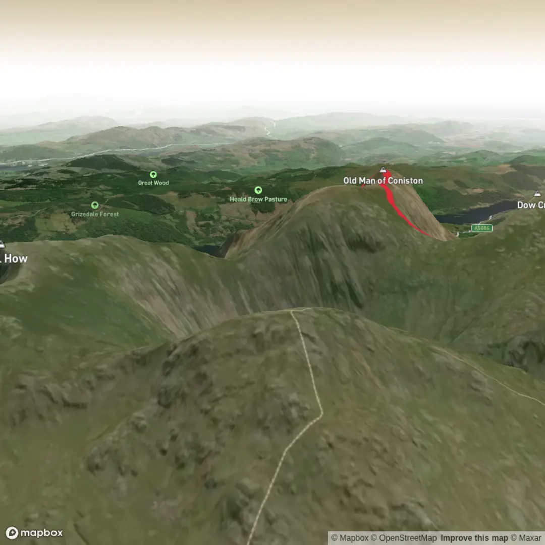 An image depicting the trail Coniston to old man walk 3 and its surrounding area.