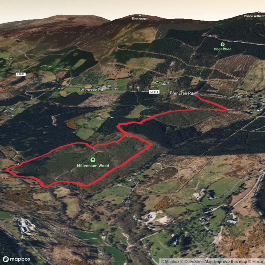 An image depicting the trail Oak Glen and Millennium Forest Loop and its surrounding area.